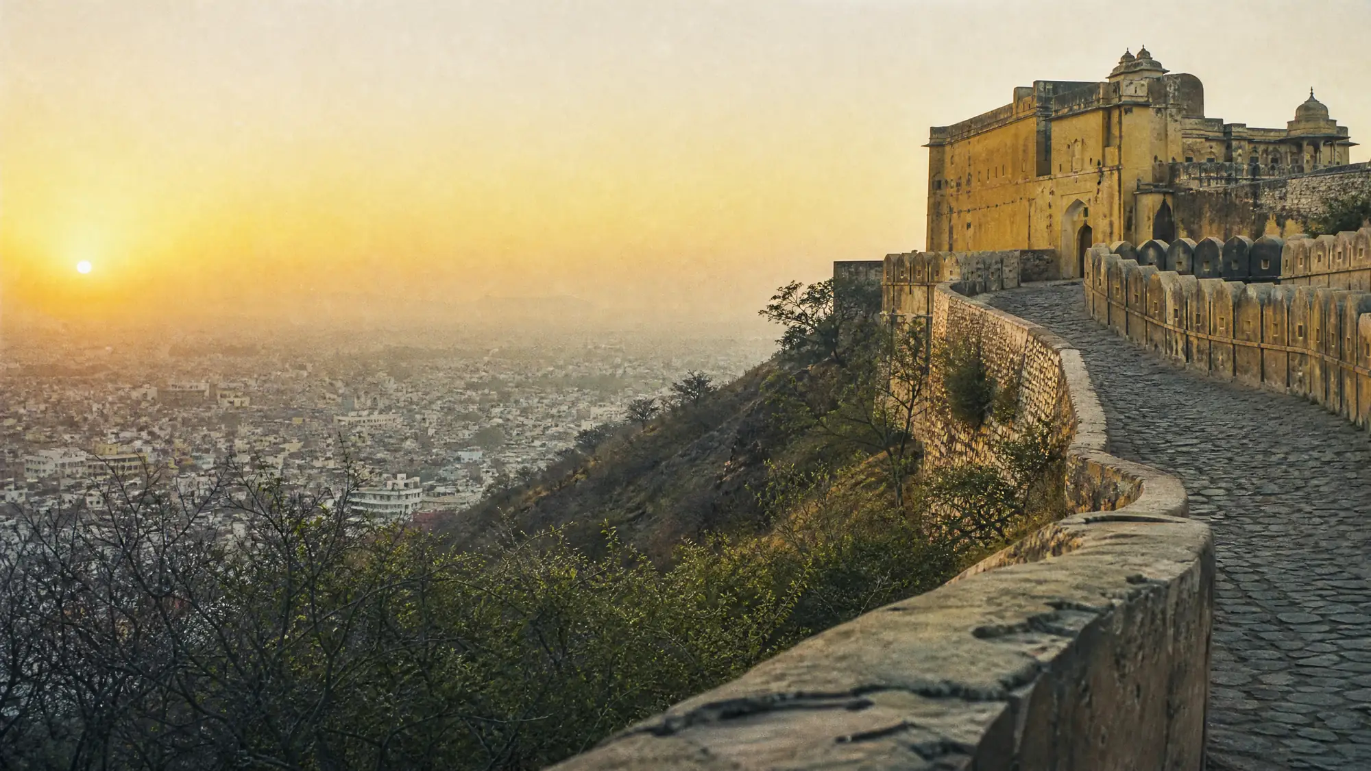 Sube en bicicleta o en coche por las colinas de Aravalli para ver el amanecer sobre Jaipur. Descubre cómo llegar al fuerte antes de que abran las puertas principales.