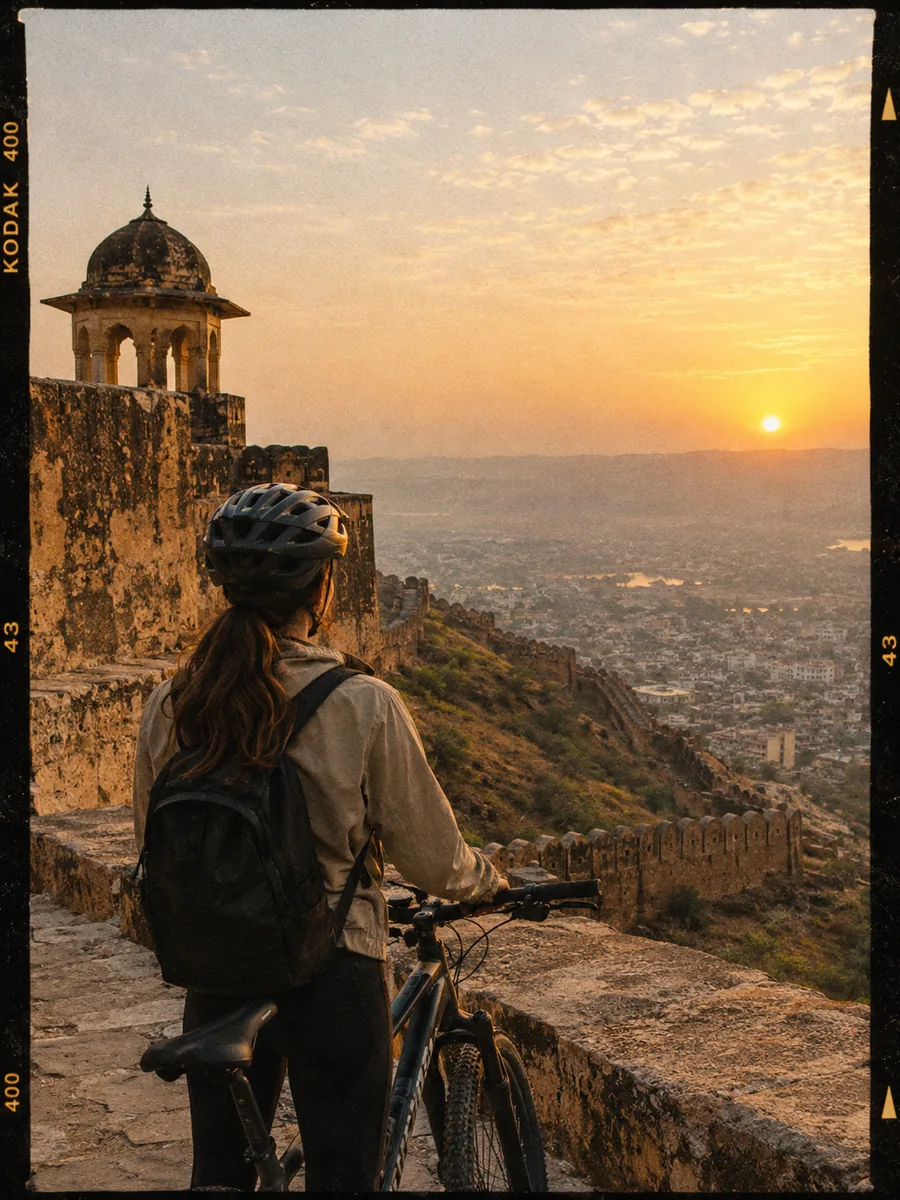 Vista en el Fuerte Nahargarh al amanecer en bicicleta y visitas temprano